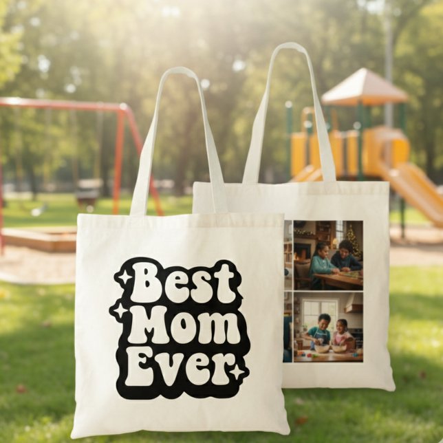 Bolsa Tote Best Mom Ever Retro Groovy 4 Photo Collage (Criador carregado)