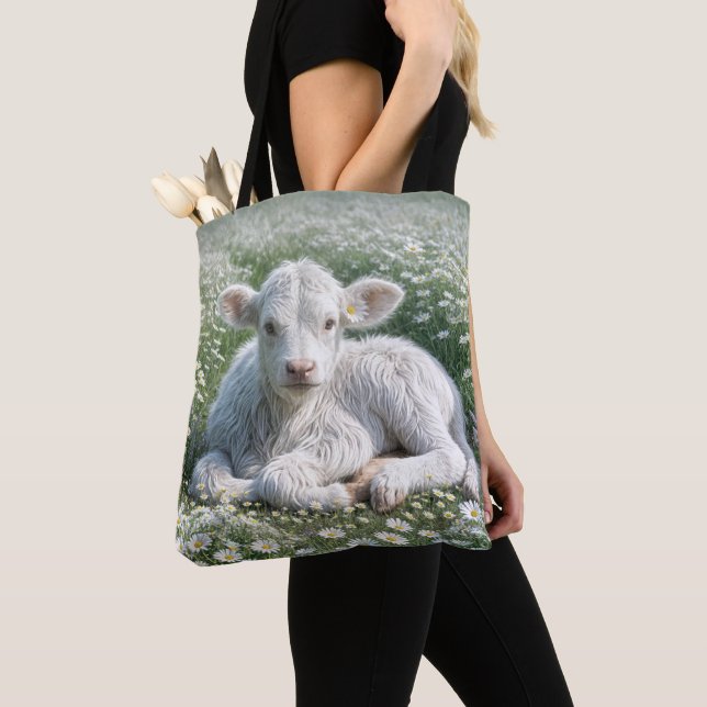 Bolsa Tote Bezerro Branco Escocês das Terras Altas em Prado d (Close Up)