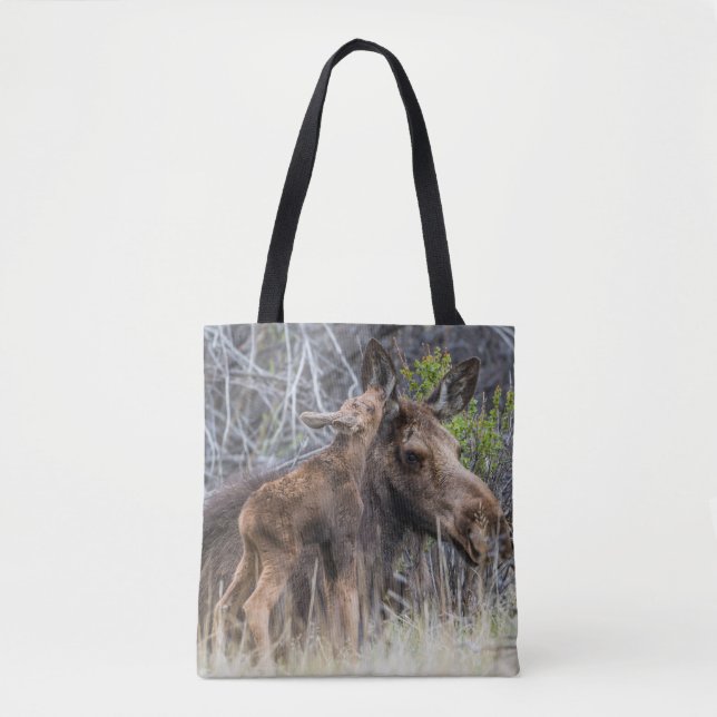 Bolsa Tote Bezerro de Alce Recém-Nascido Abraçando a Mãe (Frente)