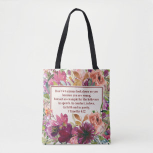 Bolsa Tote Bíblia Cristã Floral Coral Watercolor