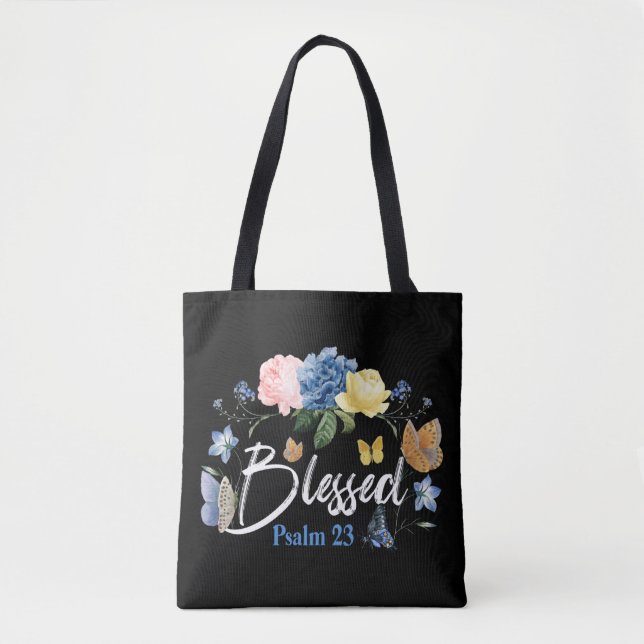 Bolsa Tote Bíblia Verso Abençoado Salm 23 Borboleta Rosa Flor (Frente)