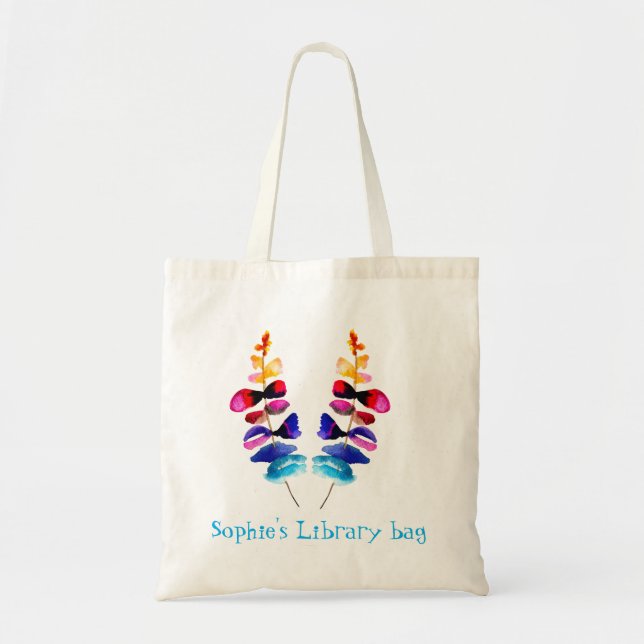 Bolsa Tote Biblioteca de arco-íris fofo aquarela nome (Frente)