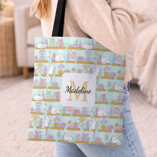 Bolsa Tote Biblioteca de Gatos Personalizados Livro Rosa Verd