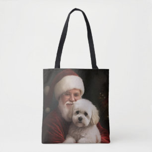 Bolsa Tote Bichon Frise com Papai Noel Natal Festivo