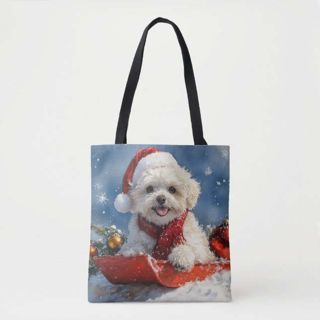 Bolsa Tote Bichon Frise Dog Sledge Deixe-o nevar no Natal (Frente)