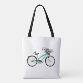 Bolsa Tote Bicicleta Com Cesto de Pássaro e Flores Azul Turqu