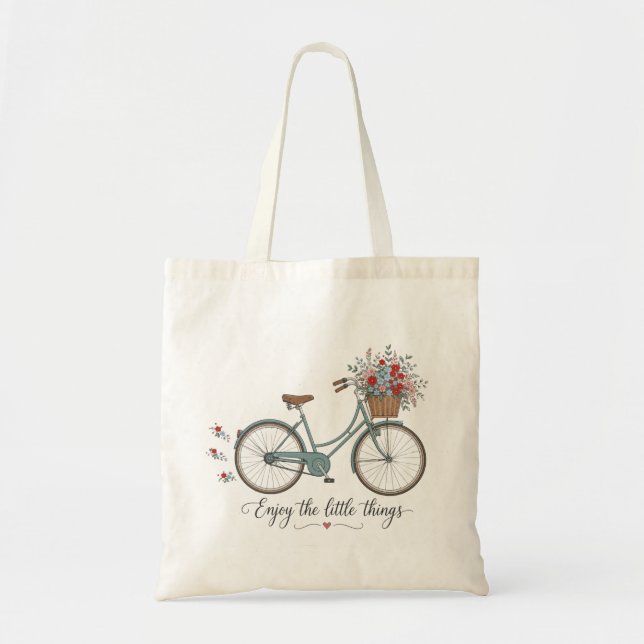 Bolsa Tote Bicicleta Retrô com Flores Aproveite as Pequenas C (Frente)