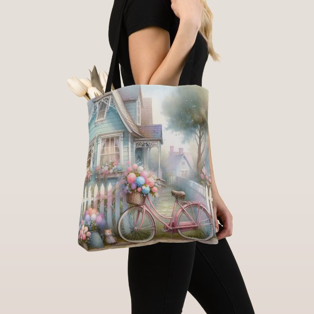Bolsa Tote Bicicleta Rosa na Porta Azul de Algodão (Close Up)