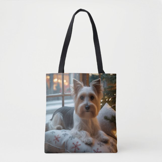 Bolsa Tote Biewer Terrier Com Luzes de Natal Feriado (Frente)