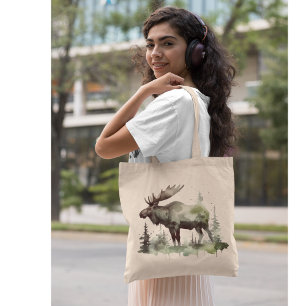 Bolsa Tote Big Moose na aquarela da floresta