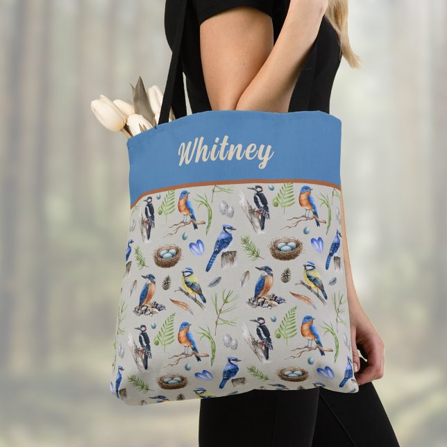 Bolsa Tote Bird Pattern Kingfisher, Blue Jay, Woodpecker Name (Criador carregado)