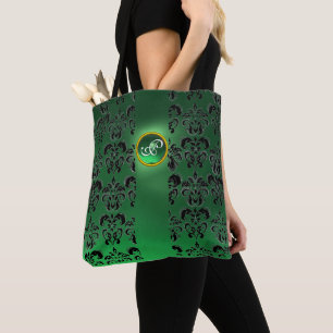 BOLSA TOTE BLACEN GREEN DAMASK FLORAL, GEMSTONE MONOGRAMA