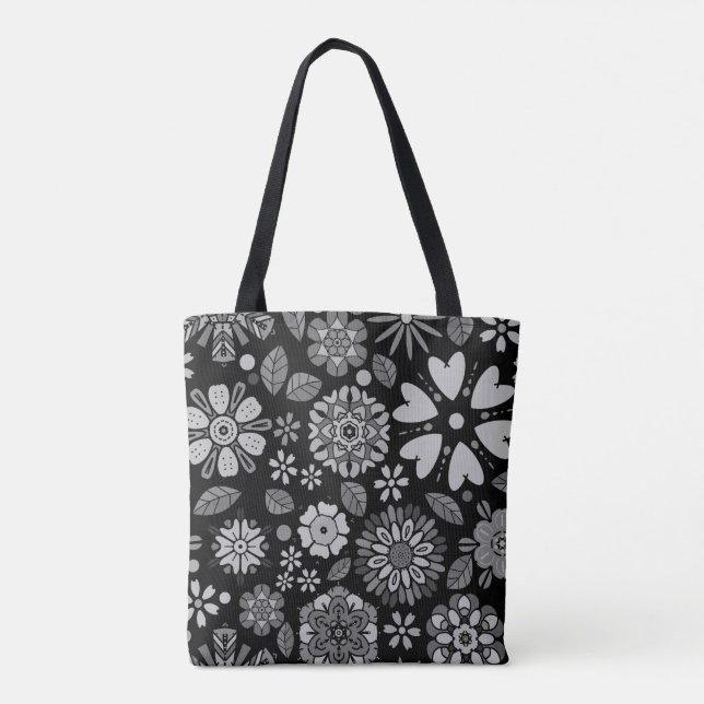 Bolsa Tote Black And Gray Retro Floral Art Seamless Pattern (Verso)