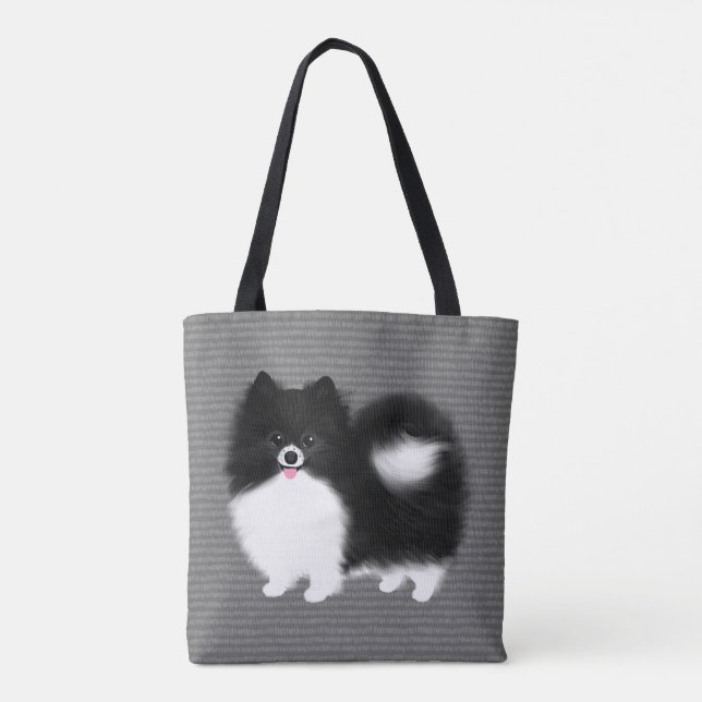 Bolsa Tote Black and White Pomeranian Cartoon Dog (Verso)