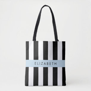 Bolsa Tote Black and White Stripes, Stripes, Linhas, Seu Nome