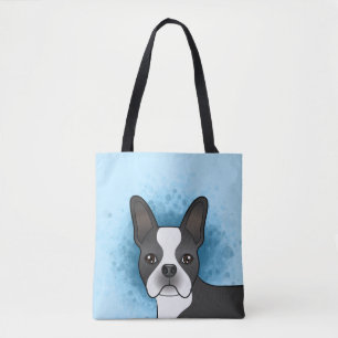 Bolsa Tote Black Boston Terrier Cartoon Dog Head On Blue