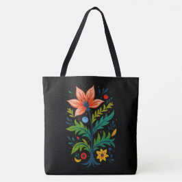 Bolsa Tote Black Canvas Folk Art Flower Tree Dark Boho