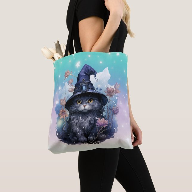 Bolsa Tote Black Cat Bruxa Hat Rainbow Pastel Halloween (Close Up)