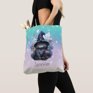 Bolsa Tote Black Cat Bruxa Hat Rainbow Pastel Halloween