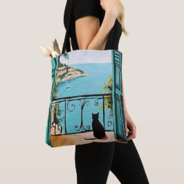 Bolsa Tote Black Cat Enjoying the Beautiful Sea