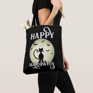 Bolsa Tote Black Cat Full Moon Bats Happy Halloween