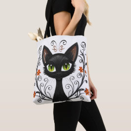 Bolsa Tote Black Cat Green Eyes Filigree Design