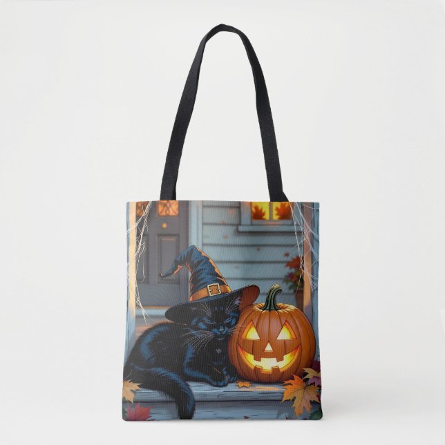 Bolsa Tote Black Cat Halloween Pumpkin Carving Party (Frente)