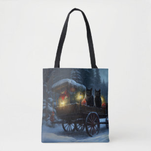 Bolsa Tote Black Cat Snowy Sleigh Durante o Decinto de Natal