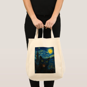 Bolsa Tote Black Cat Starry Night Van Gogh Cat Selfie