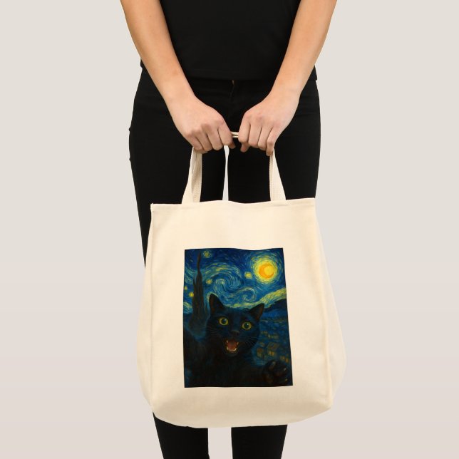 Bolsa Tote Black Cat Starry Night Van Gogh Cat Selfie (Frente (produto))