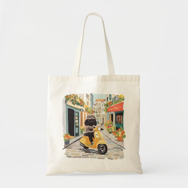 Bolsa Tote Black Doodle Riding Scooter European City Streets (Frente)