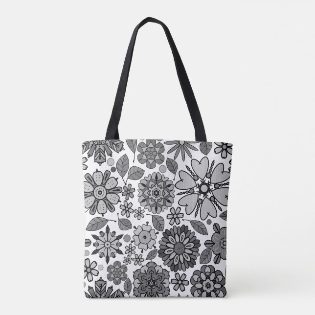 Bolsa Tote Black Gray White Retro Floral Art Seamless Pattern (Verso)