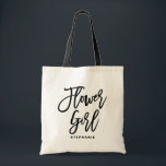 Bolsa Tote Black Hand Lettering Flower Girl Personalizadas<br><div class="desc">Saco de tote de uma florista personalizável. Saco de tota moderno e clássico,  com um guião preto de "floricultura". Personalize adicionando o nome do receptor,  a hashtag do casamento ou outros detalhes. Perfeito como presente para sua festa de casamento ou festa noiva.</div>