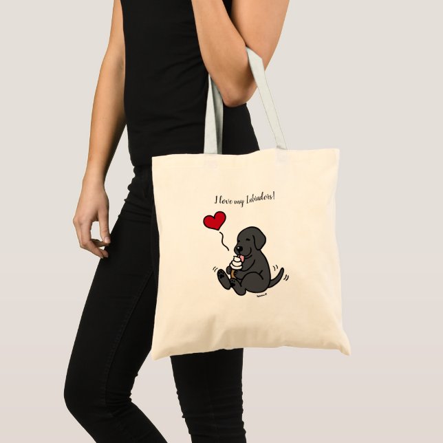 Bolsa Tote Black Lab Lambaçando Sorvete Coração Vermelho (Frente (produto))