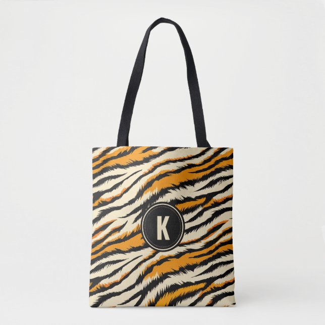 Bolsa Tote Black Orange Tiger Stripes Pattern Monogram (Frente)
