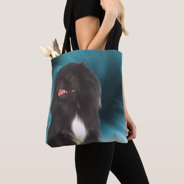Bolsa Tote Black Pekingese Blue Swirls Dog Art (Close Up)