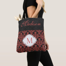 Bolsa Tote Black Red Damask Girly Trendy Monograma Inicial