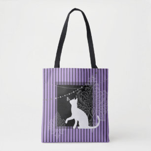 Bolsa Tote Black roxo, white cat e listras pretas