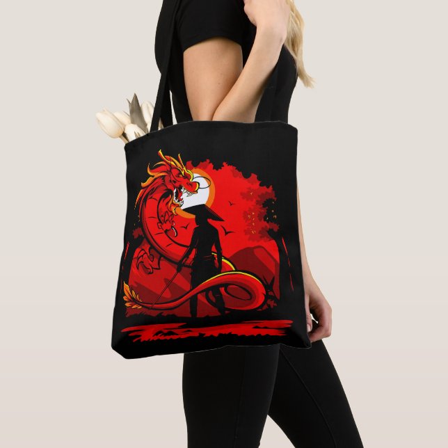 Bolsa Tote Black Samurai Red Dragon - Trabalho de arte do est (Close Up)