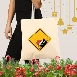 Bolsa Tote Black Sneaky Santa Cat U.S. Warning Sign