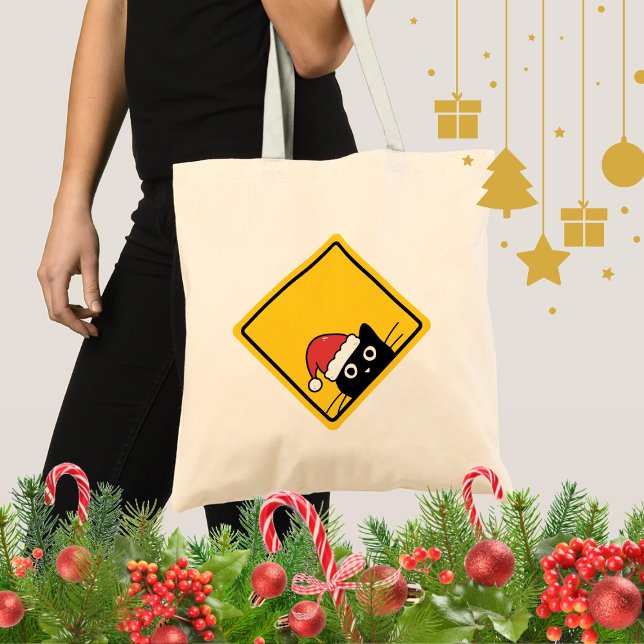 Bolsa Tote Black Sneaky Santa Cat U.S. Warning Sign (Criador carregado)