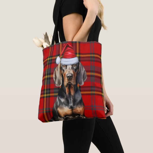 Bolsa Tote Black Tan Coonhound Christmas Dog Seasonal Plaid (Close Up)