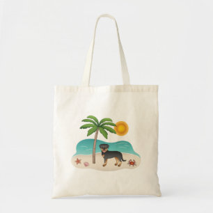 Bolsa Tote Black & Tan Rottweiler Em Uma Praia Tropical De Ve
