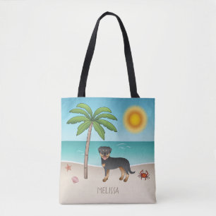 Bolsa Tote Black & Tan Rottweiler Em Uma Praia Tropical De Ve