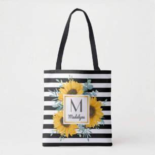 Bolsa Tote Black White Stripes Dourado Girassol Personalizado