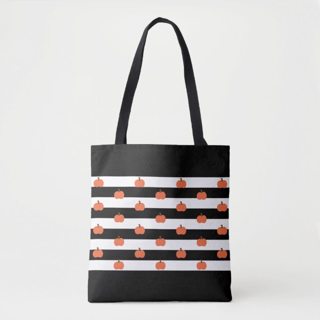 Bolsa Tote Black & White Stripes with Pumpkins - Halloween (Frente)