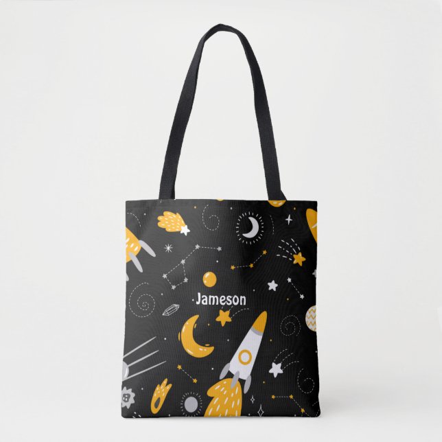 Bolsa Tote Black Yellow Outer Space Stars Rocket Toket Bag (Frente)