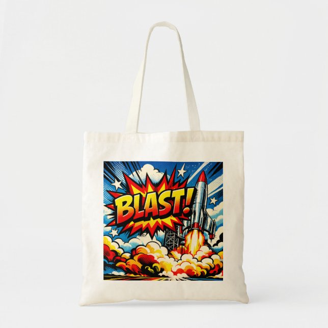Bolsa Tote BLAST! Arte Pop Retro Explosão de Foguete (Frente)