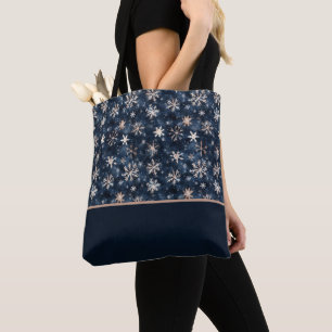 Bolsa Tote Bloco de Cor Azul Escuro Simples com Flocos de Nev