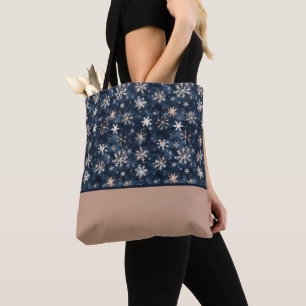 Bolsa Tote Bloco de Cor Azul Escuro Simples com Flocos de Nev